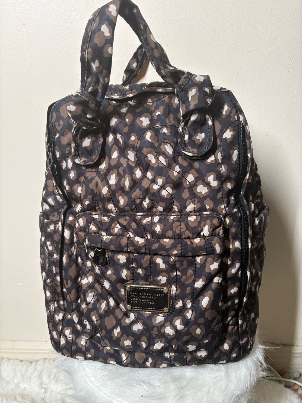 Marc by Marc Jacobs Leopard Print Quilted Backpack in Brown and Cream